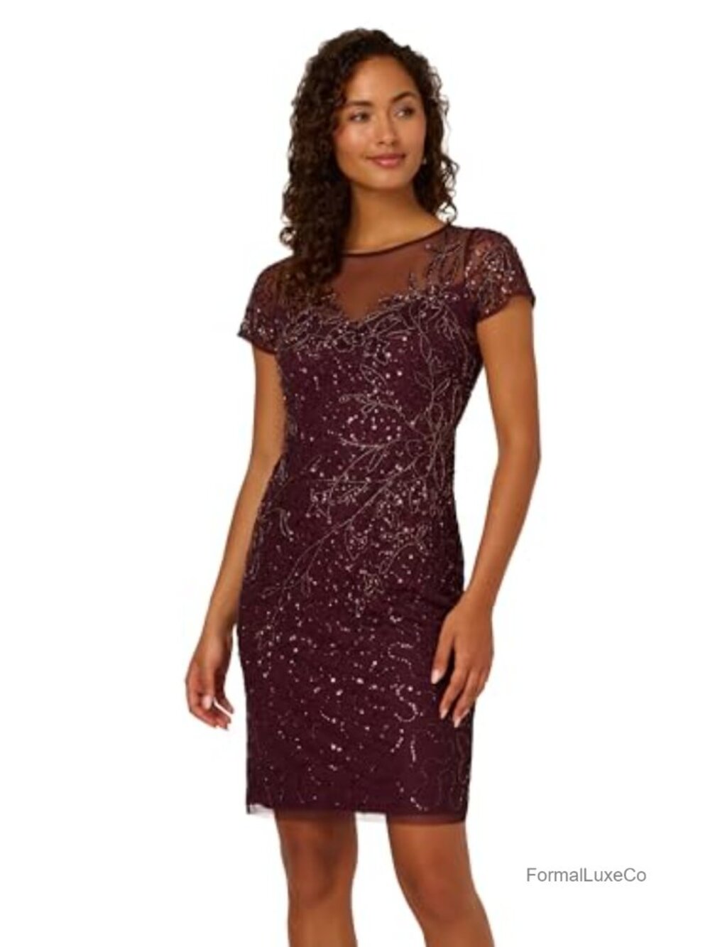 Women's Beaded Sheath Dress Boat Neck Short Sleeve Formal